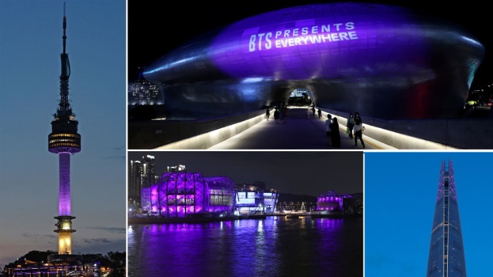 BTS: Με μωβ χρώματα φωταγωγήθηκε η Σεούλ για χάρη του συγκροτήματος